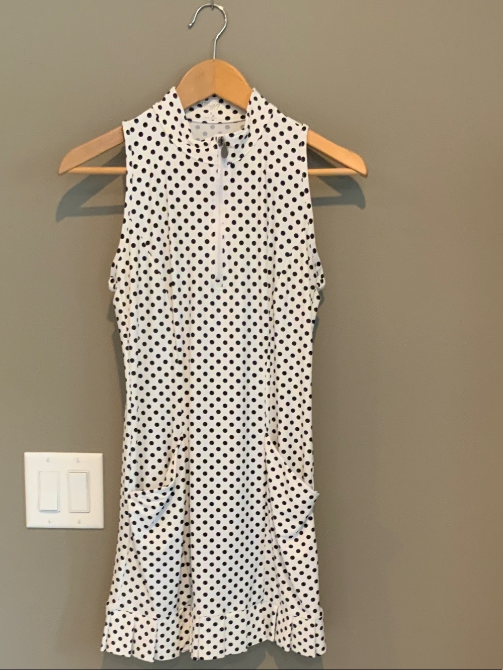 Tzu Tzu White Sleeveless Polka Dot Mini Dress with Front Zip